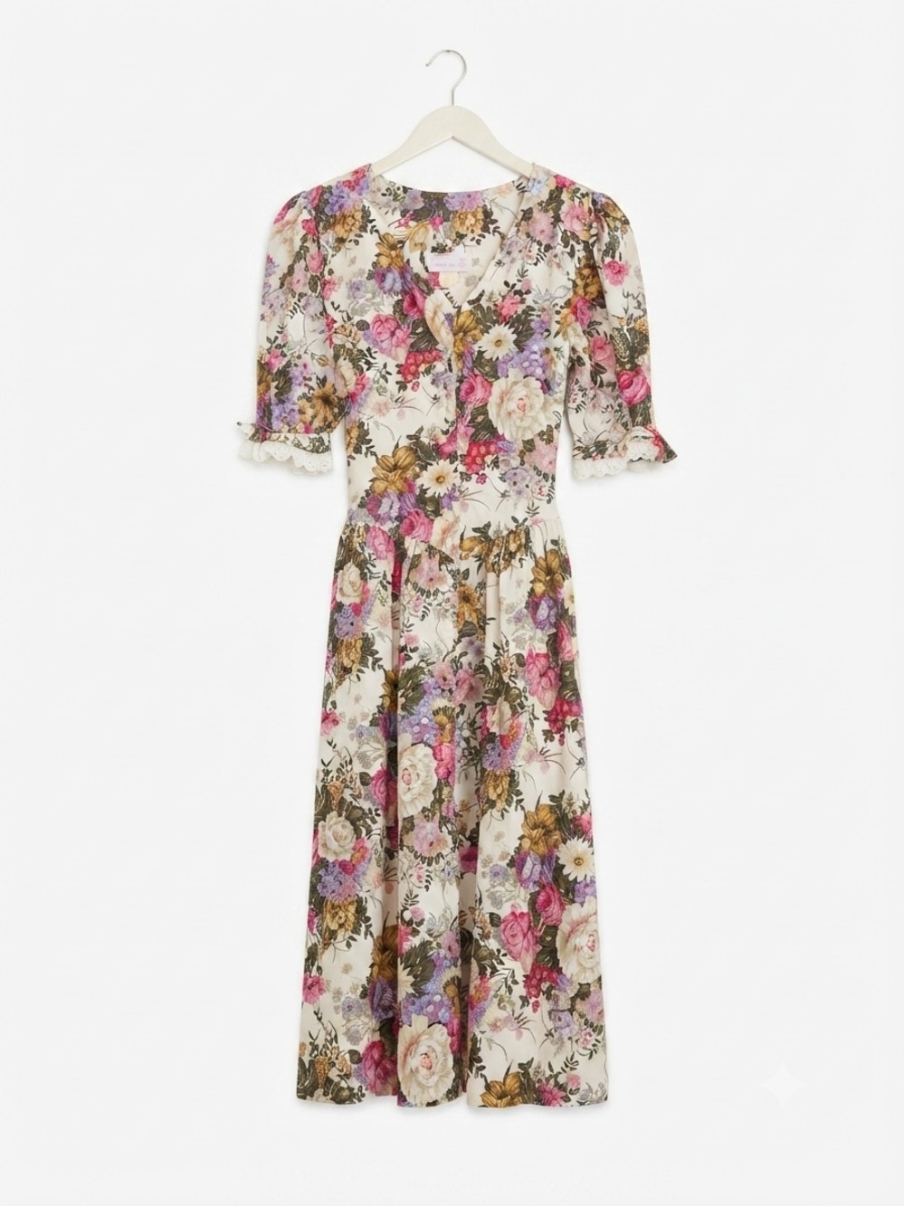 Vintage 80s Sweet Miranda Floral Rayon Midi Dress Prairie Cottagecore Button